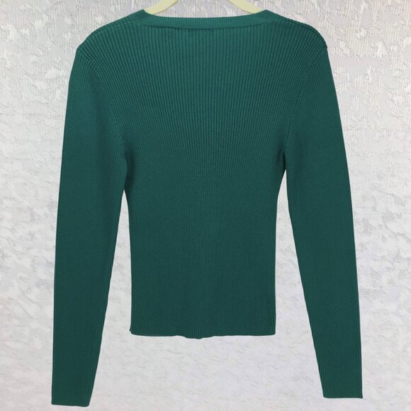 MODA International 100% Cotton Teal V-Neck Long Sleeve Ribbed Sweater Size M - Picture 2 of 10